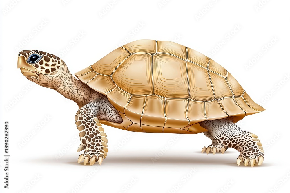 Obraz premium Detailed Beige Turtle with Brown Shell Walking on White Background Illustration
