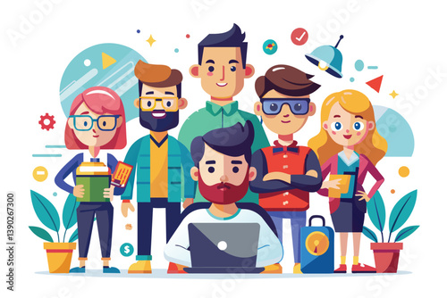 A cartoon illustration depicting a group of diverse characters working together in a modern office setting. The characters are all smiling and seem to be collaborating on a project.