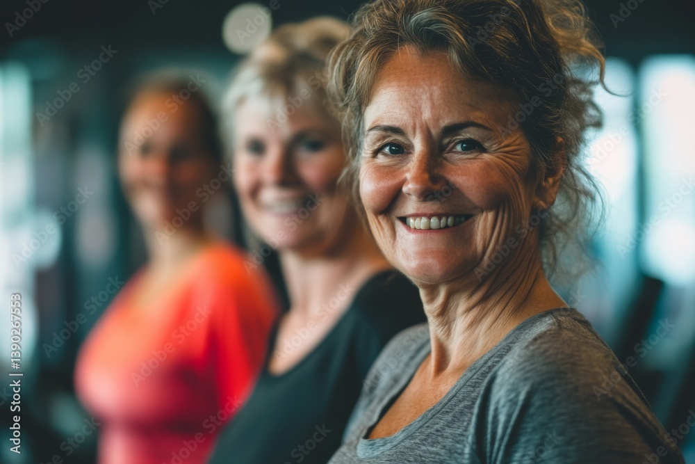 Fototapeta premium Smiling wide angle real portrait of a group of a real senior women in sports clothes in a gym