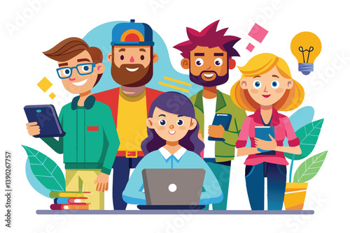 An illustration of four young professionals working together on a project. They are using a laptop, tablet, and mobile phones to communicate and collaborate.