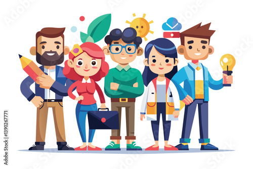 Cartoon shows diverse professionals happily collaborating on creative project. Smiles indicate positive teamwork.