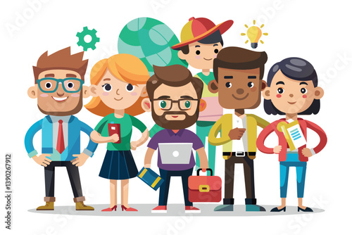 A man in glasses, a blonde woman, a bearded man, a man in a hat, one in a yellow jacket, and a woman with black hair stand together.