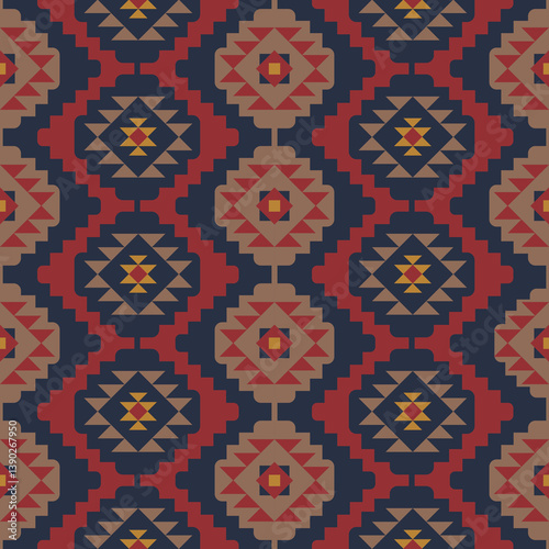 Tribal geometric abstract carpet seamless pattern. Color mosaic oriental kilim rug background