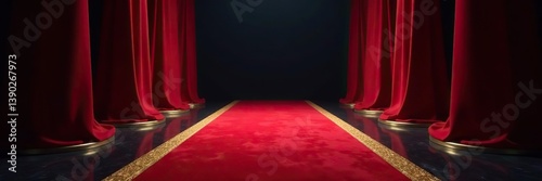 Red carpet pathway with gold trim leading to dark background,  walkway,  gold trim