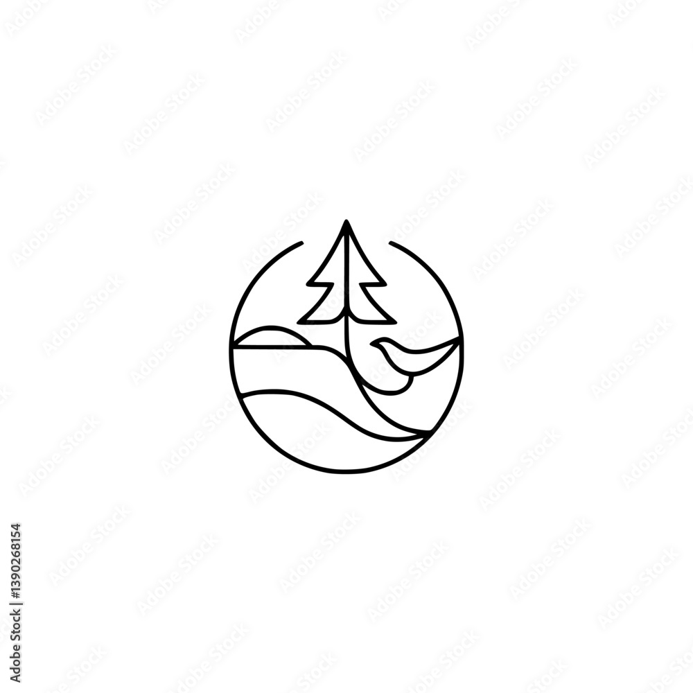 Minimalist Nature Icon: Tree, Bird & Landscape in Circle Minimalist Nature Icon: Tree, Bird & Landscape in Circle