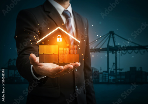 The businessman keeps sea cargo containers under a guarantee of protection. Trade security, logistics protection, freight insurance, supply chain stability, international business. Risk management