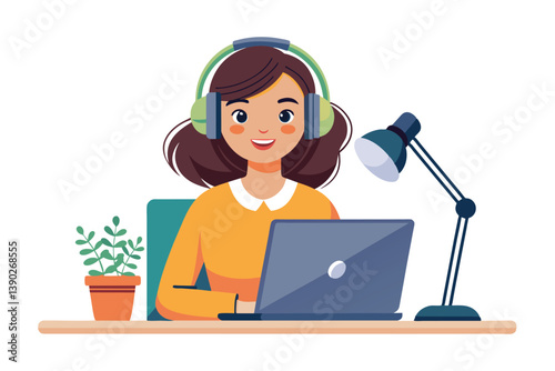 A young woman with headphones smiles while using her laptop at a desk, working from home with a plant and lamp.