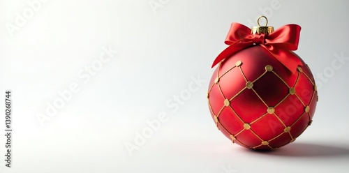 Red Christmas ball with bow and golden pattern on white background,  ornament,  round