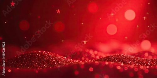 Red christmas glitter background with stars and light rays Festive, glowing, blurred texture perfect for holiday designs,  stars,  glitter