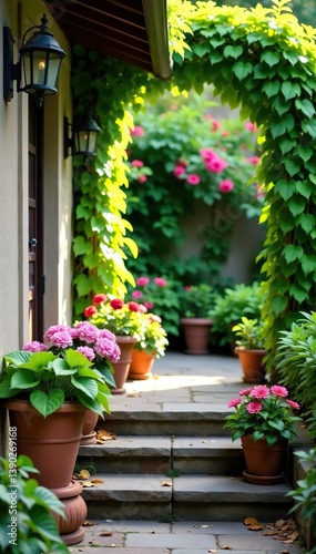 Plants and flowers in pots lining a stone doorstep leading to a lush garden or patio,  greenery, plants