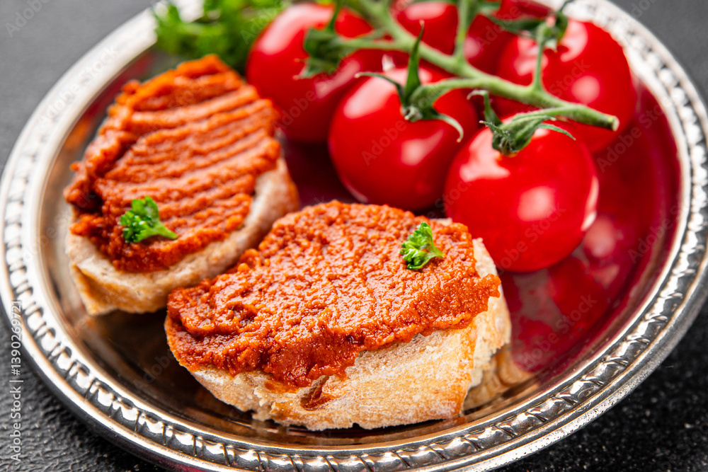 Pepper pate dip red pepper roasted vegetable hummus appetizer vegetable dish fresh gourmet food background on table rustic food top view copy space Pepper pate dip red pepper roasted vegetable hummus appetizer vegetable dish fresh gourmet food background on table rustic food top view copy space