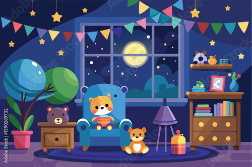A cozy bedroom scene with a full moon shining through the window, decorated with colorful flags and stars. There are three stuffed animals, including a fox sitting in a blue armchair.