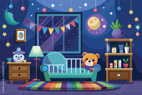 A cartoon illustration of a nighttime nursery with a crib, a teddy bear, and a window overlooking a night sky with stars.