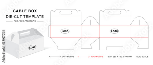 Gable box die cut template with 3D blank vector mockup for food packaging