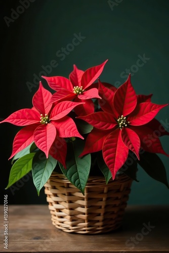 Poinsettias arranged beautifully in a rustic woven basket,  winter plant,  festive