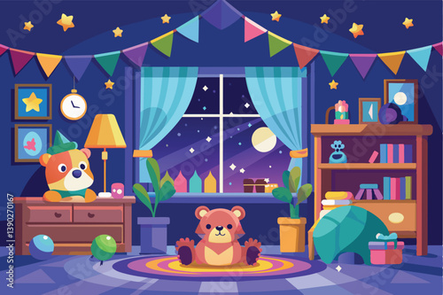 A cartoon of a teddy bear birthday party in a room decorated with streamers and balloons. The room is lit with a lamp, window shows a starry night.