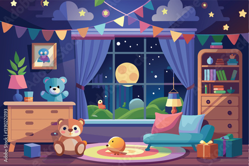 A childs bedroom at night with flags and stars. Includes window with sky view, bookshelf, dresser, toy bear, couch, and nightlight.