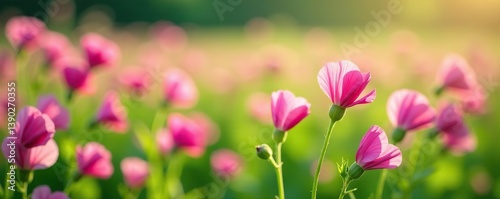 Pink sweet pea plants with delicate blossoms blooming profusely in a lush field,  beauty,  outdoors