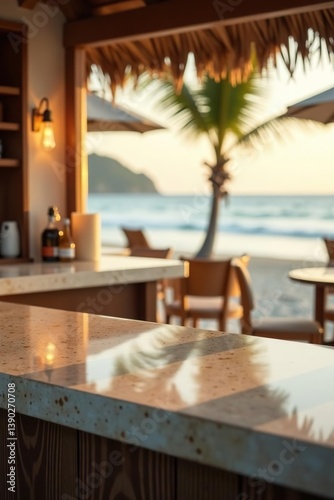 Polished stone countertop with blurred tropical beachside bar background, golden hour sunlight, product display montage,  golden hour,  tropical