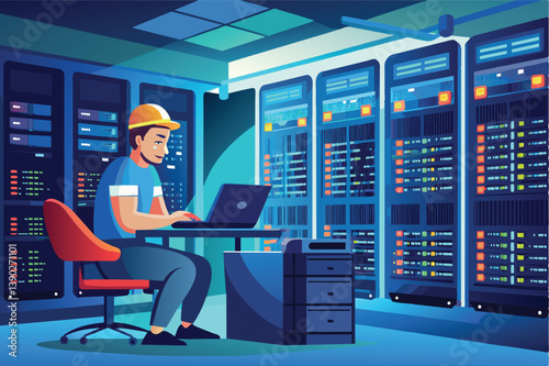 A computer tech is seen in a server room at night, working on a laptop. The room is packed with server racks, and the tech is seated at a desk.