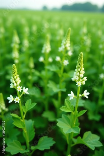 Potato plants with white flowers and green leaves growing tall in a field,  close-up, potato