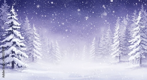 background winter forest with fir trees in a snowy frosty blizzard on a starry night sky in a lilac haze