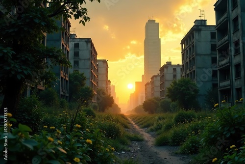 Overgrown abandoned city street at sunset with ruined skyscrapers in post apocalyptic cityscape, dystopian urban landscape, war aftermath, apocalypse,  cityscape,  post apocalyptic
