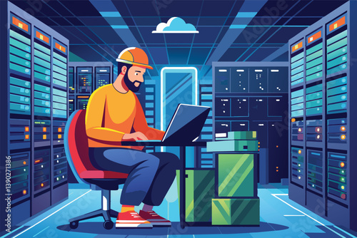 A man with a beard sits on a red chair working on a laptop in a server room with rows of servers on either side. The room is lit by a blue light.