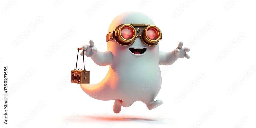 Naklejka premium Cartoon Ghost with Funky Sunglasses and Boombox, Halloween