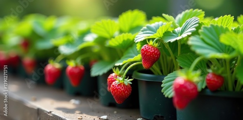 Potted strawberry plants in bloom with vibrant pink flowers,  outdoor,  nature