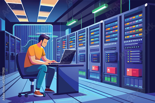 A cartoon illustration of a man working on a laptop in a server room at night. The room is filled with rows of servers, and the man is sitting at a desk in front of them.