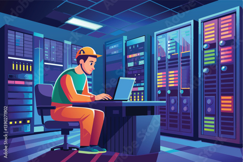 A man in a hard hat works on a laptop in a dimly lit server room at night. Rows of servers fill the space, creating a moody atmosphere.