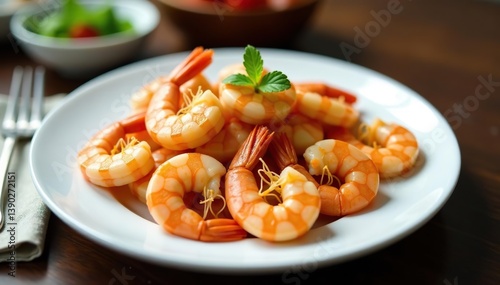 Prawns arranged elegantly on a white plate, served on a dark wooden table,  fresh,  food styling