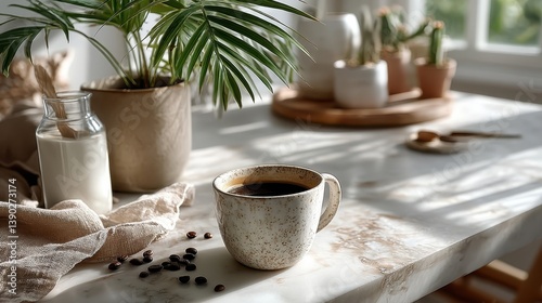 A delightful coffee scene capturing the essence of a morning ritual, with a beautiful coffee cup, surrounding plants, and gentle sunlight enhancing the warm atmosphere.
