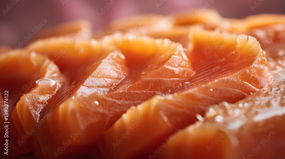 Fresh Salmon Slices Close-Up: Vibrant Orange, White Marbling, and Dew Drops.