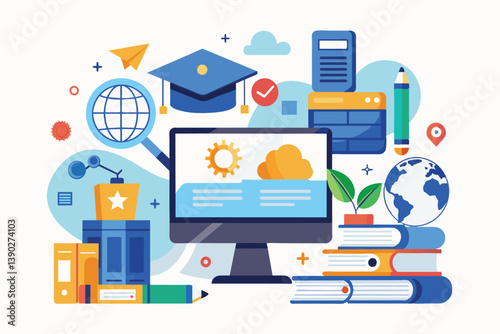 Illustration depicting online education and global learning, featuring a computer, books, a graduation cap, and a globe.