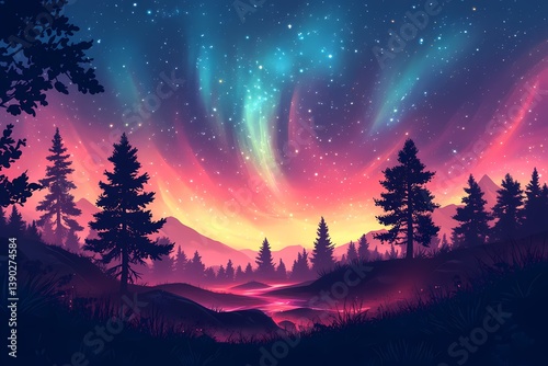 Aurora Borealis: Colorful Night Sky Over Mountain Landscape with Northern Lights and Starry Sky