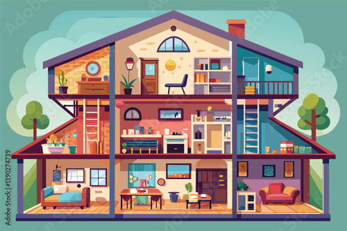 This image shows a cutaway view of a modern home interior, revealing all three levels of the house.