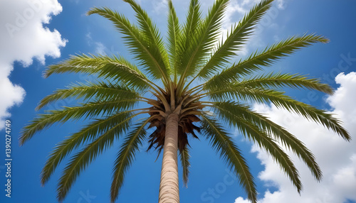 Wallpaper Mural Looking up at a tall palm tree with lush green leaves against a bright blue sky. Torontodigital.ca