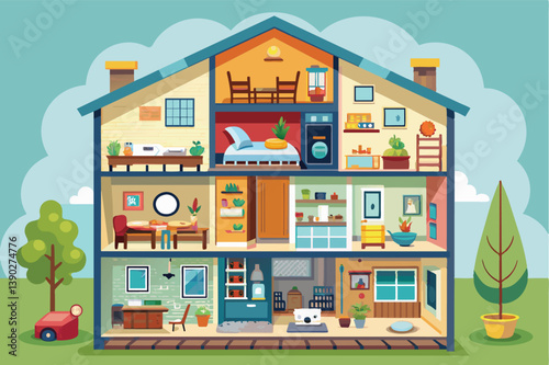 A colorful cartoon illustration depicting a multi-level house with various rooms and furniture. Each level is sectioned off to show the interior of the home.
