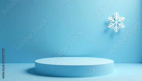 Round podium for product display with white snowflake on blue background, ideal for showcasing winter-themed items such as holiday decorations, apparel, and gifts, winter,  snowy backdrop