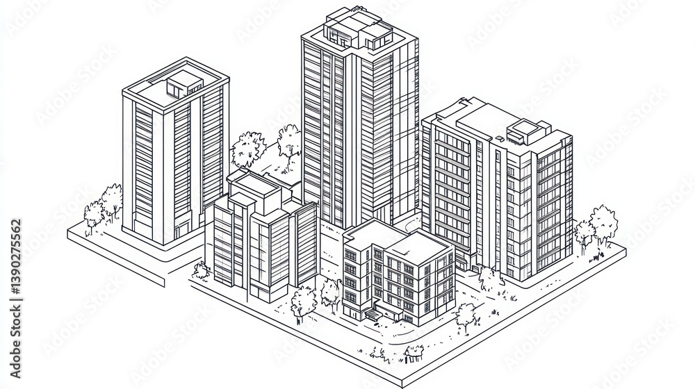 Fototapeta premium Isometric city architectural illustration showing urban high-rise buildings