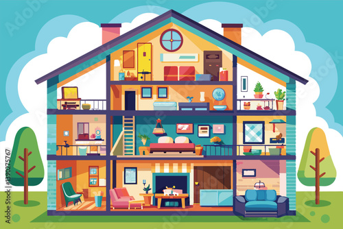 An illustration of a modern home with rooms, decor, green grass, and trees. Interior shows living room, kitchen, bedrooms, bathrooms, and cheerful exterior.