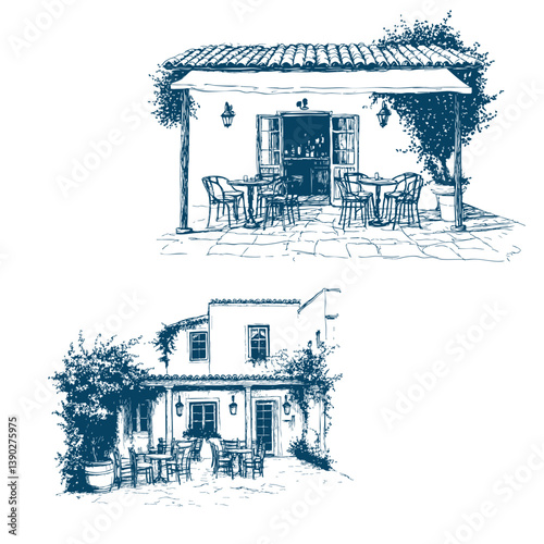 Hand drawn greek taverna sketch illustration