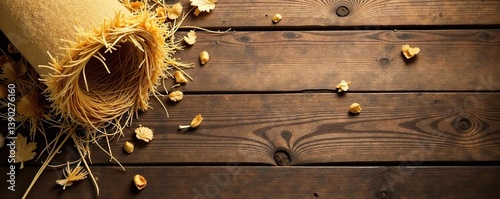 Rustic backdrop featuring hay scattered on a wooden surface,  agriculture,  country