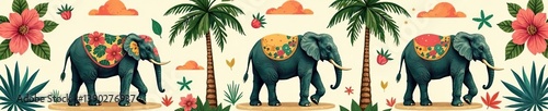 Retro tropical seamless pattern with elephant, palm tree, and flower illustrations in patchwork style,  exotic,  texture