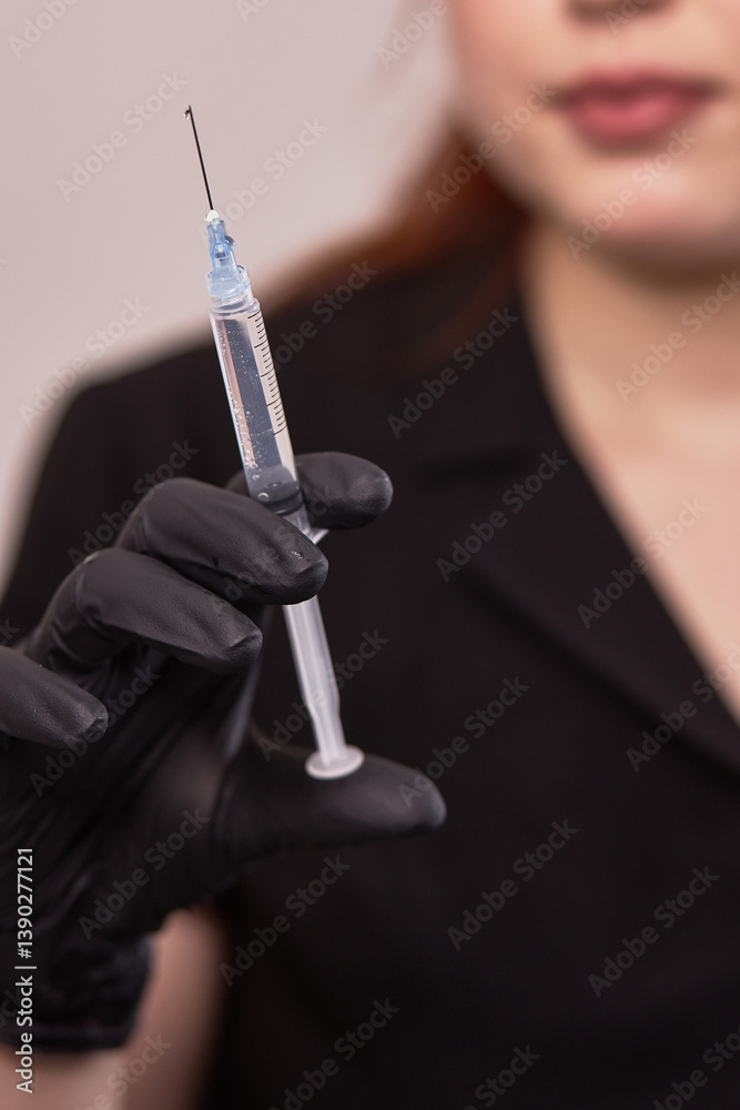 Hand in black glove holding syringe with blue liquid, medical injection preparation, healthcare concept
