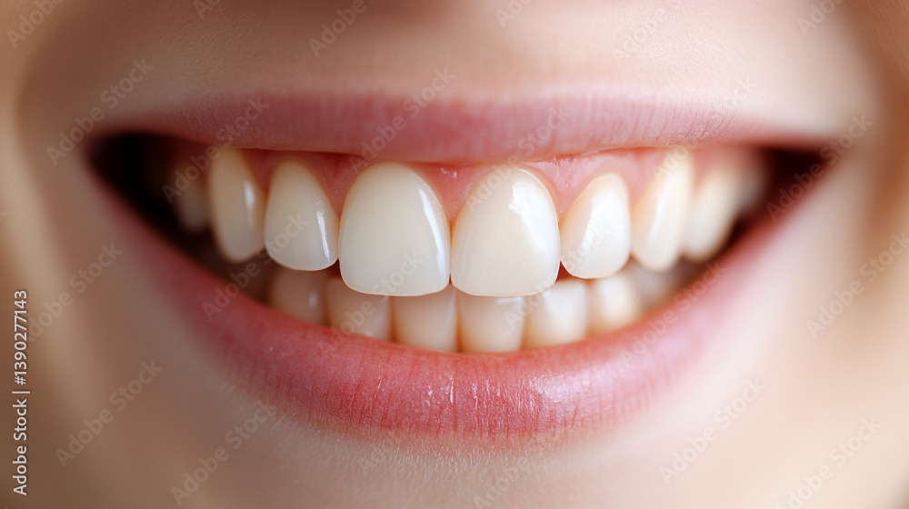 A detailed, close-up shot of a natural smile with healthy teeth showing slight yellowing, soft light, and no filters, capturing human texture and warmth, creating a realistic and authentic photography A detailed, close-up shot of a natural smile with healthy teeth showing slight yellowing, soft light, and no filters, capturing human texture and warmth, creating a realistic and authentic photography