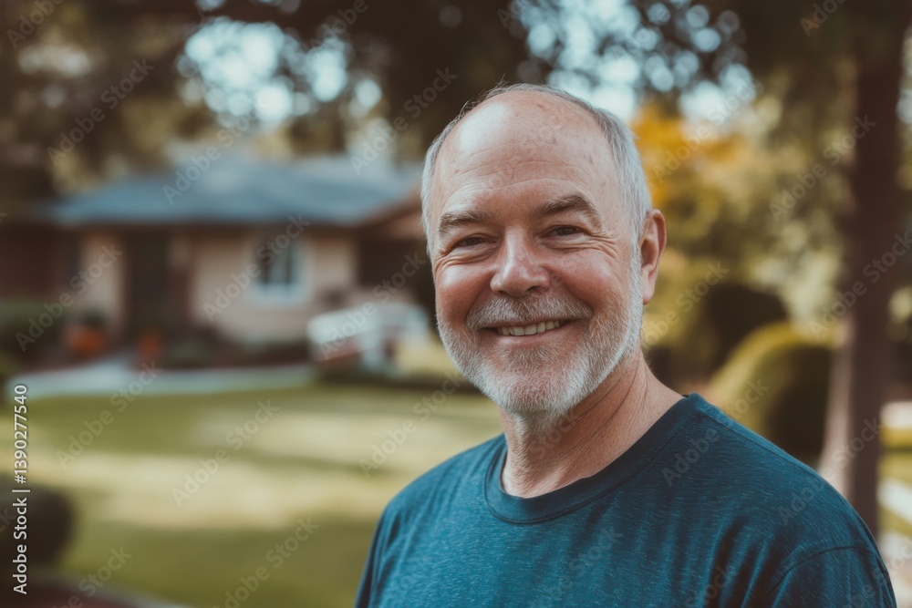 Portrait of a elderly Caucasian man smiling in front of nursing home in Usa Portrait of a elderly Caucasian man smiling in front of nursing home in Usa