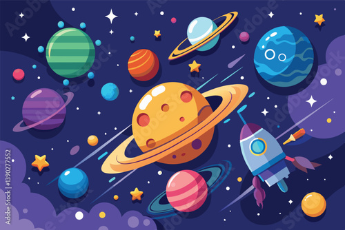 A vibrant cartoon illustration depicting a spaceship traveling through outer space surrounded by colorful planets, stars, and nebulae.